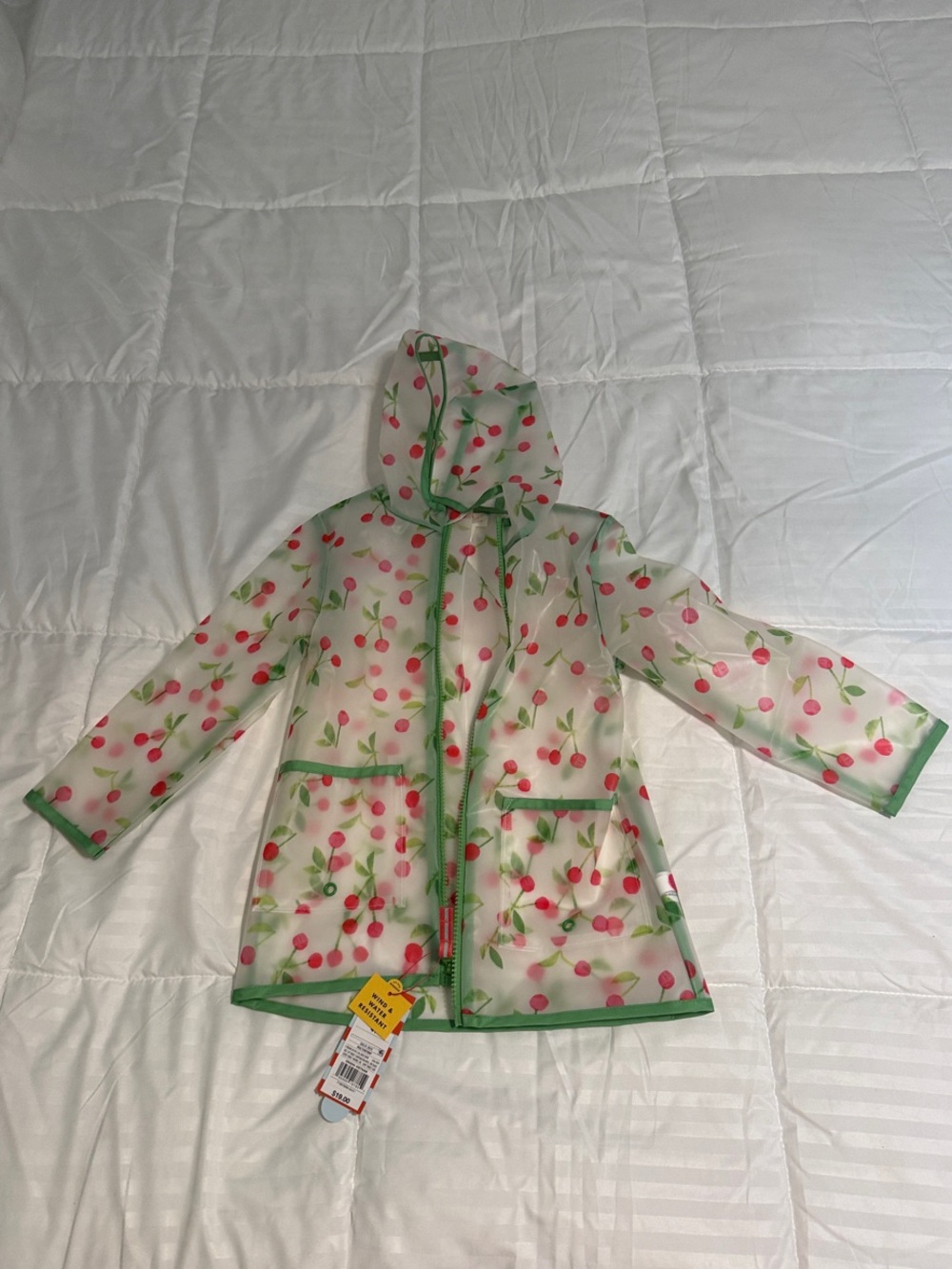 Cat & Jack Clear Raincoat with Red Cherry Print and Green Trim